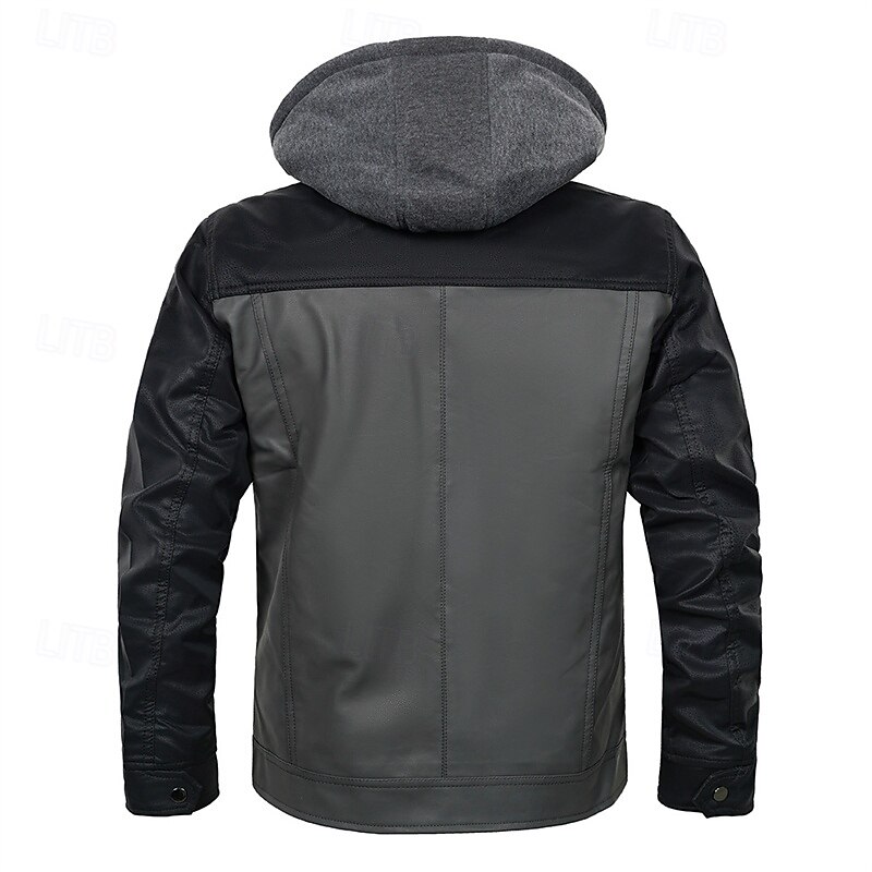 Men's Faux Leather Jacket Biker Jacket Hoodie Jacket Motorcycle Jacket Vacation Daily Windproof Warm Patchwork Pocket Fall Winter Color Block Fashion Classic Hooded Regular Faux Leather Black Jacket3