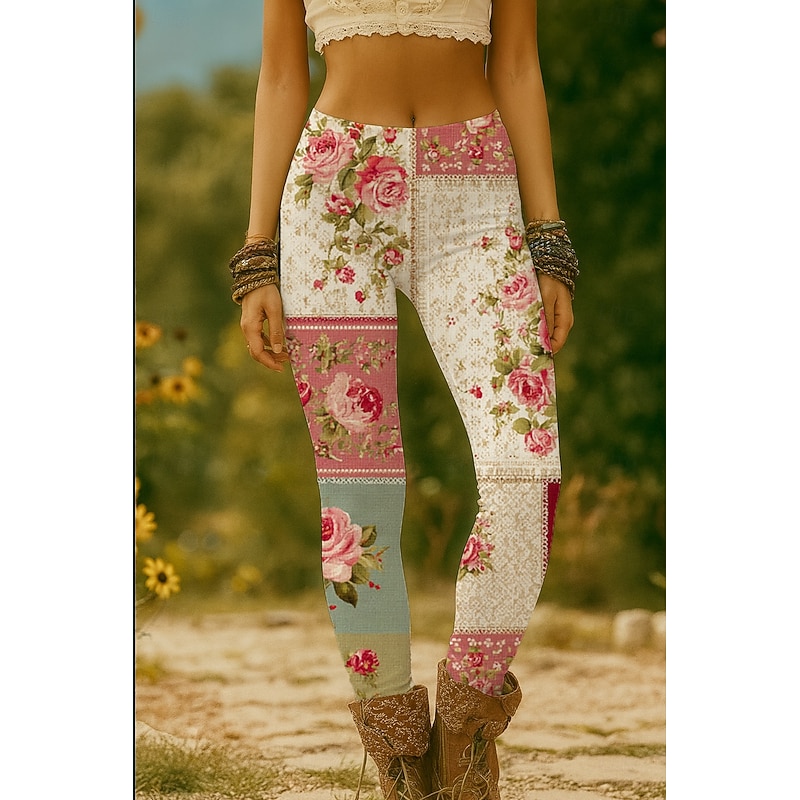 Women's Leggings Vacation Vintage Ethnic Style Full Length High Waist Floral Graphic 3D Print Quick Dry Breathability Soft Stretchy Formal Outdoor Vacation White Pink Blue Green Summer Spring Fall