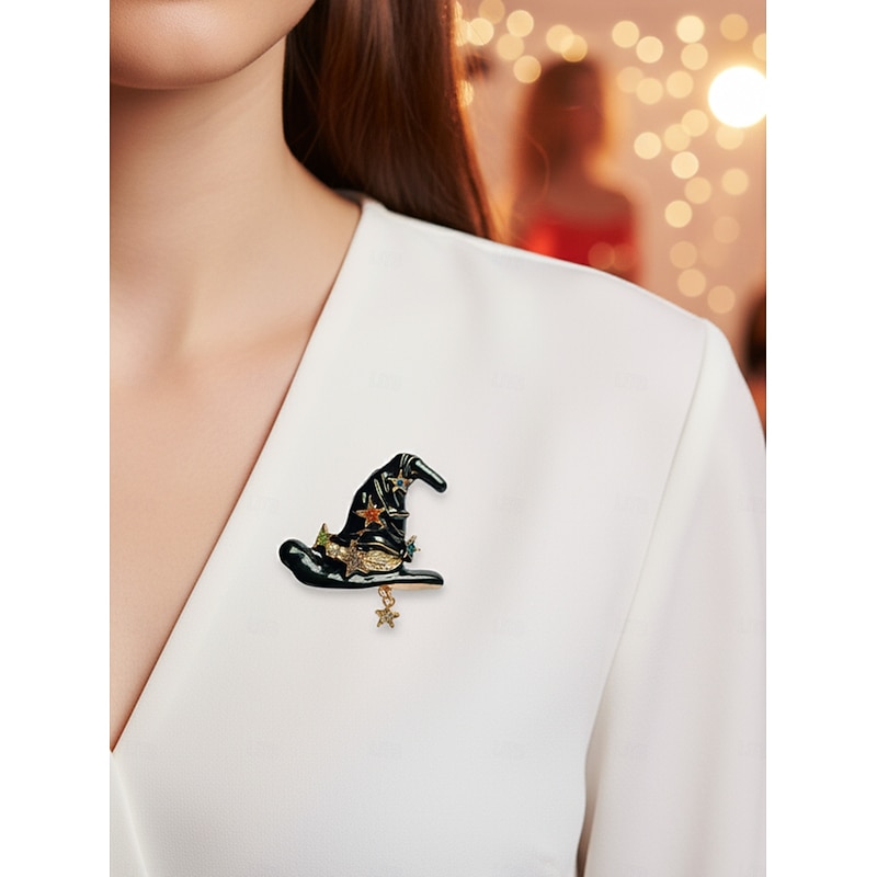 Women's Halloween Witch Hat Brooch Set - 2pcs Black and White Enamel Pin Badges with Star Charms for Costume Party Accessories
