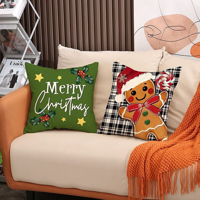 2025 New Gingerbread Man Christmas Pillow Covers, Linen Printed Decorative Cushions, Festive Holiday Throw Pillows for Sofa & Home Decor4