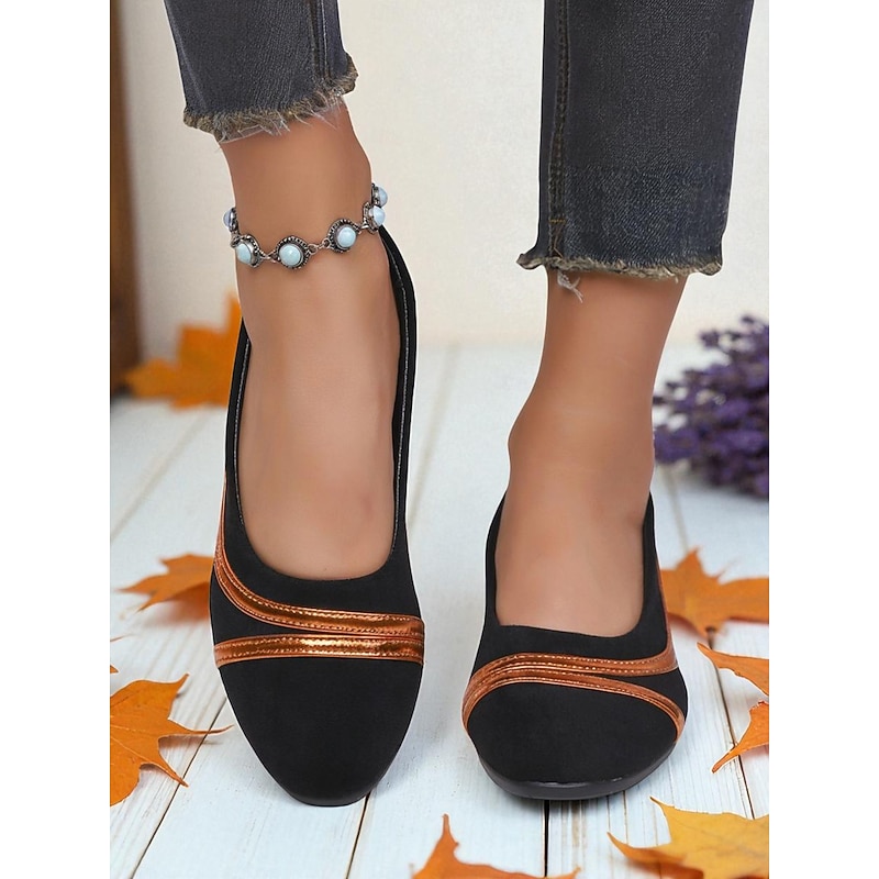 Women's Black Ballet Flats – Comfortable Slip-On Round Toe Shoes with Metallic Trim for Work, Office and Everyday Wear2