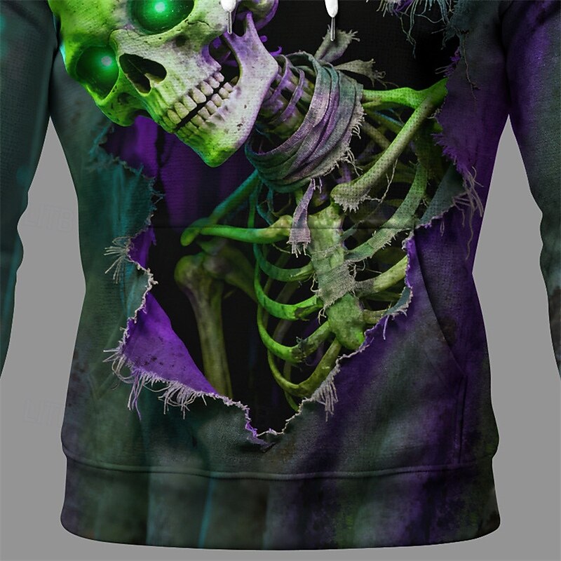 Halloween Men's Skull Hoodie Fashion Daily Hooded Vacation Party Streetwear Green Drawstring Pocket Printing Fall Winter Designer3