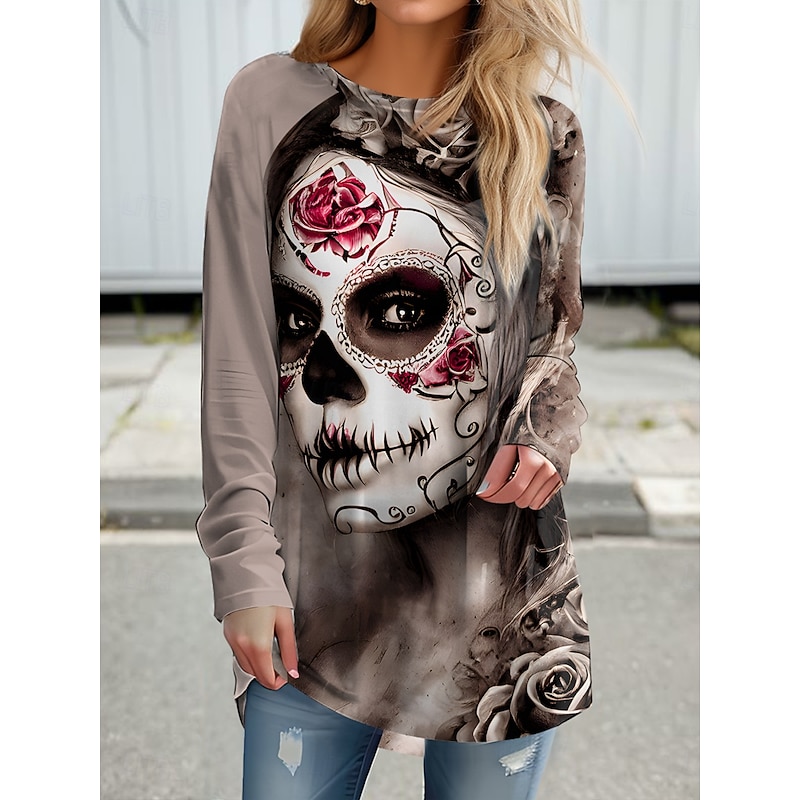 Halloween Women's T Shirt Skulls Graphic Vintage Stylish Casual Long Sleeve Crew Neck Long Tops Daily Print Black Gray Spring Fall3