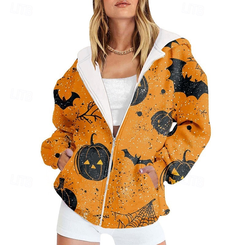 Women's Casual Jacket Hoodie Jacket Warm Comfortable Zipper Pocket Print Fashion Flower Outdoor Going out Zipper Regular Hooded Regular Fit Long Sleeve Outerwear Black Purple Orange Fall Winter