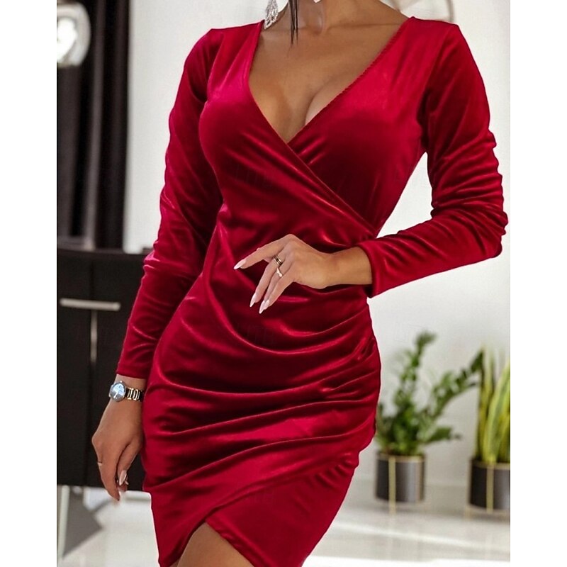 Women's Midi Dress Velvet Dress Cocktail Dress Elegant Fashion Modern Outdoor Party Party Evening Wear Regular Fit Plain Long Sleeve V Neck Black Red Blue Purple Spring Autumn2