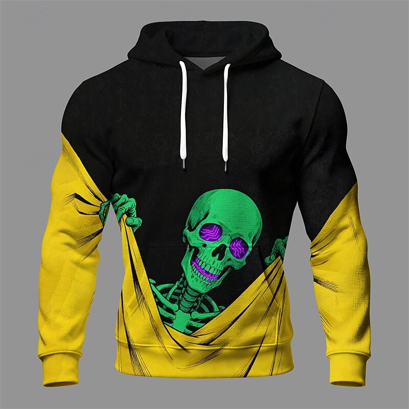 Halloween Men's Skull Hoodie Fashion Daily Hooded Vacation Party Streetwear Yellow Drawstring Pocket Printing Fall Winter Designer