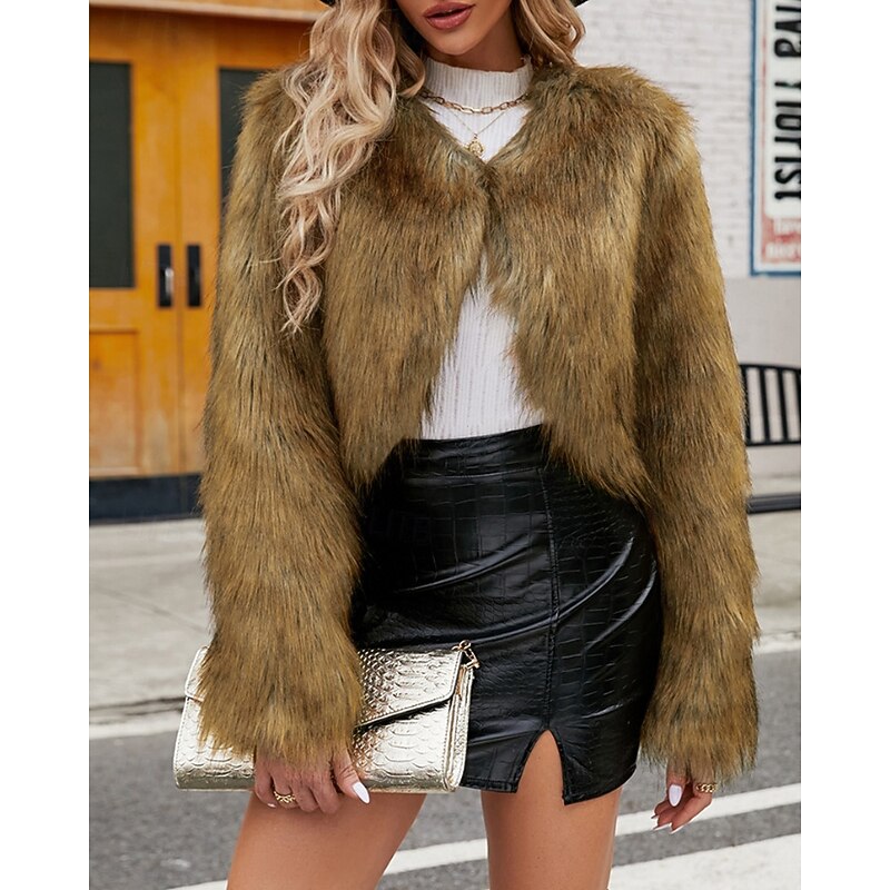 Women's Winter Coat Faux Fur Coat Warm Comfortable Furs & Leathers Casual Plain Vacation Street Casual Daily Wear Short Crewneck Regular Fit Long Sleeve Outerwear Black White Brown Fall Winter2