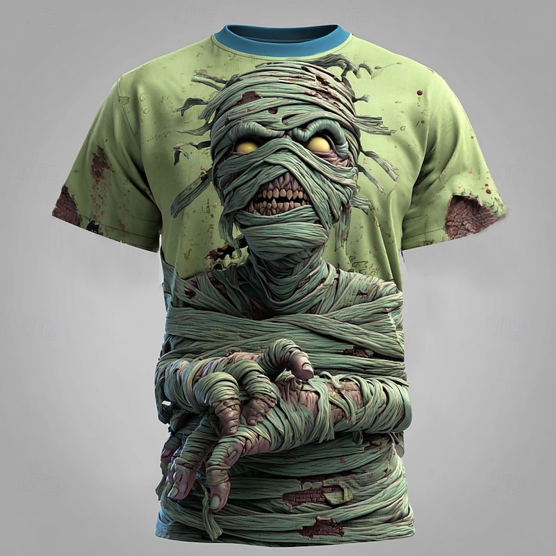 Halloween Men's Optical Illusion 3D Mummy T Shirt Short Sleeve T shirt 3D Print Crew Neck Shirt Exaggerated Designer Horror Party Street Holiday Blue Green Khaki Summer Spring All Seasons Clothing