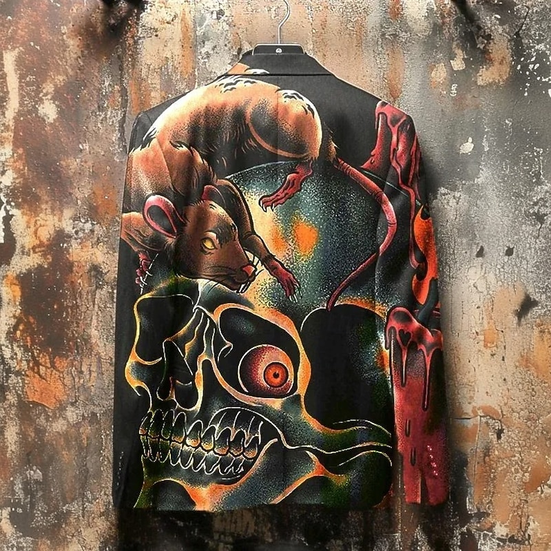 Men's Blazer Coat Halloween Casual Festival Casual Daily Fall / Winter 100% Polyester Skulls 3D Print Buttons Thermal Warm Comfortable Single Breasted Blazer Red2
