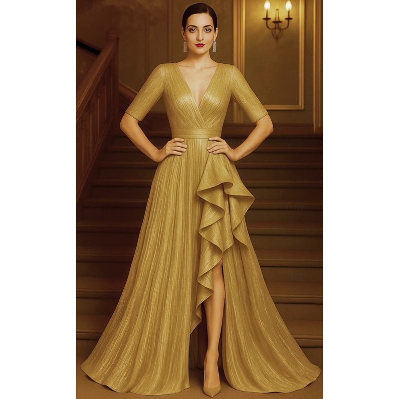 Red Black A-Line Evening Gown Elegant Formal Dress Formal Wedding Floor Length Half Sleeve V Neck Champagne Mother Of the Bride Dress Lurex Fabric with Glitter Ruffles 2025