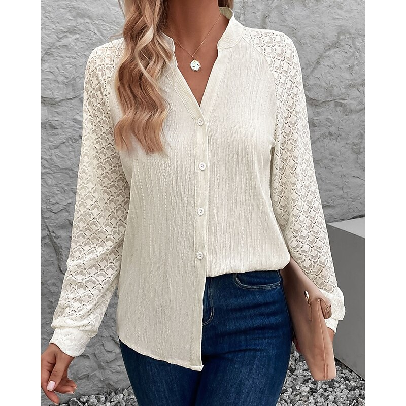 Women's Shirt Lace Shirt Blouse Plain Modern Long Sleeve V Neck Regular Tops Daily Holiday Going out Lace Patchwork Apricot Fall4