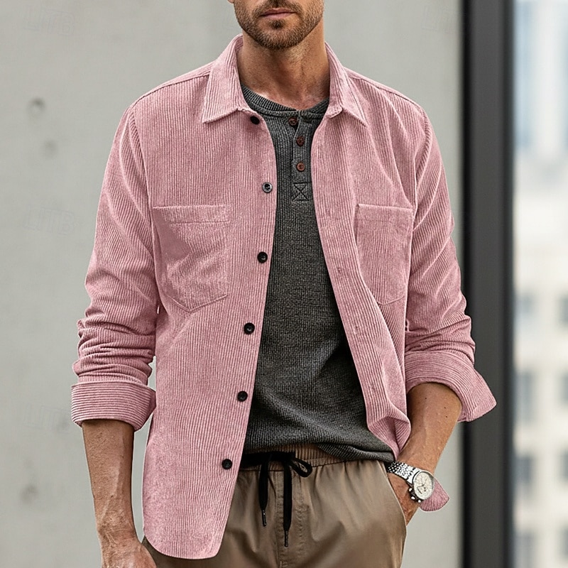 Men's Shirt Casual Shirt Corduroy Shirt Button Up Shirt Plain Vacation Daily Black Yellow Pink Blue Long Sleeve Collar Spring &  Fall Clothing Apparel Front Pocket - Main Image
