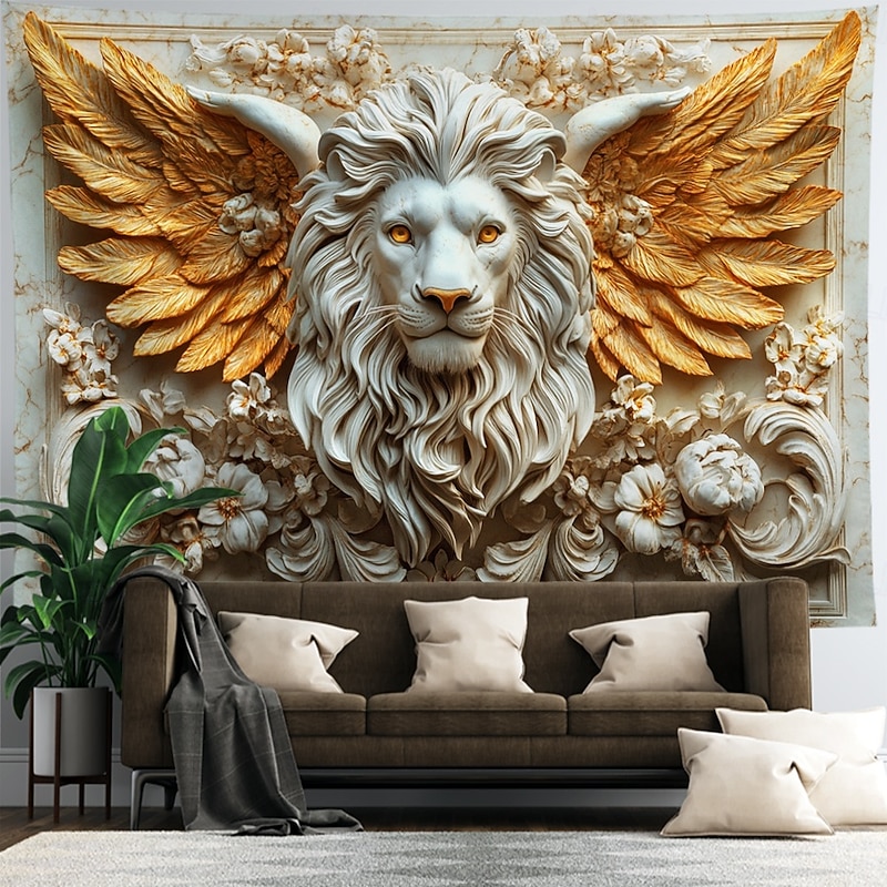 European Embossed Lion Tapestry Photograph Backdrop, Holiday Wall Hanging Decorative Background for Bedroom, Living Room, or Study2