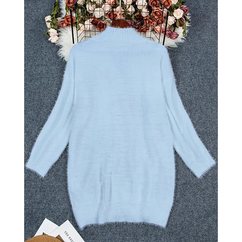 Women's Sweater Cardigan Elegant Fashion Streetwear Pure Color V Neck Pocket Knitted Long Sleeve Regular Tops Knit Outdoor Daily Weekend Light Blue Fall Winter2