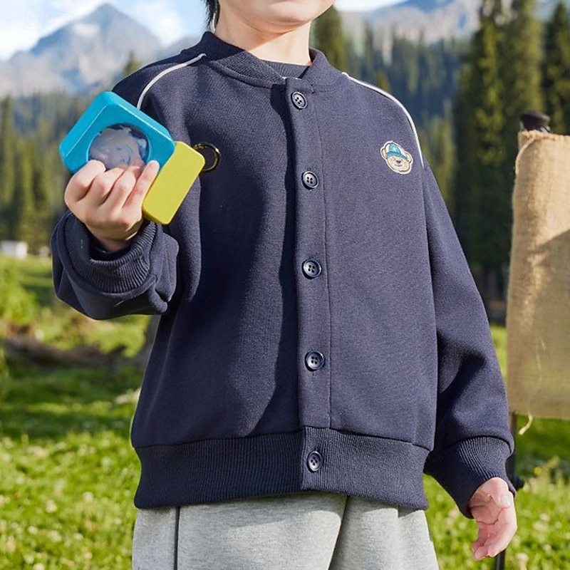 Kids Unisex Baseball Jackets Outerwear Solid Color Long Sleeve Comfort Buttons Soft Coat Outdoor Cotton Fashion Daily Blue Gray Spring Fall 4 years+4