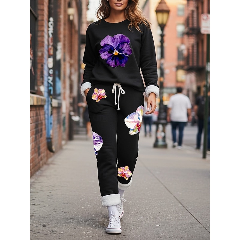 Women's Elegant Warm Fashion Two Piece Sets Tracksuit Pants Sets Long Sleeve Crew Neck Floral Print Outdoor Vacation Daily Black Pink Dark Pink Spring Regular Fit