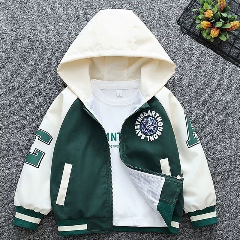 Kids Unisex Baseball Jackets Outerwear Color Block Long Sleeve Zipper Pocket Lightweight Comfort Soft Coat Outdoor Fashion Daily Black Green Spring Fall 4 years+