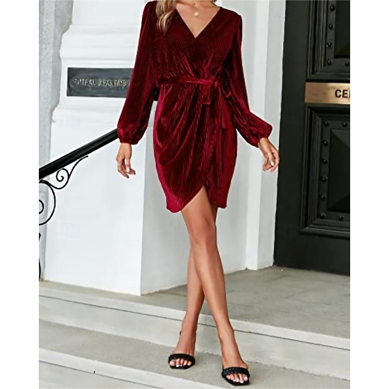 Women's Mini Dress Velvet Dress Party Dress Cocktail Dress Elegant Modern Party Evening Party Holiday Regular Fit Plain Long Sleeve V Neck Wine Dark Green Brown Fall Winter4