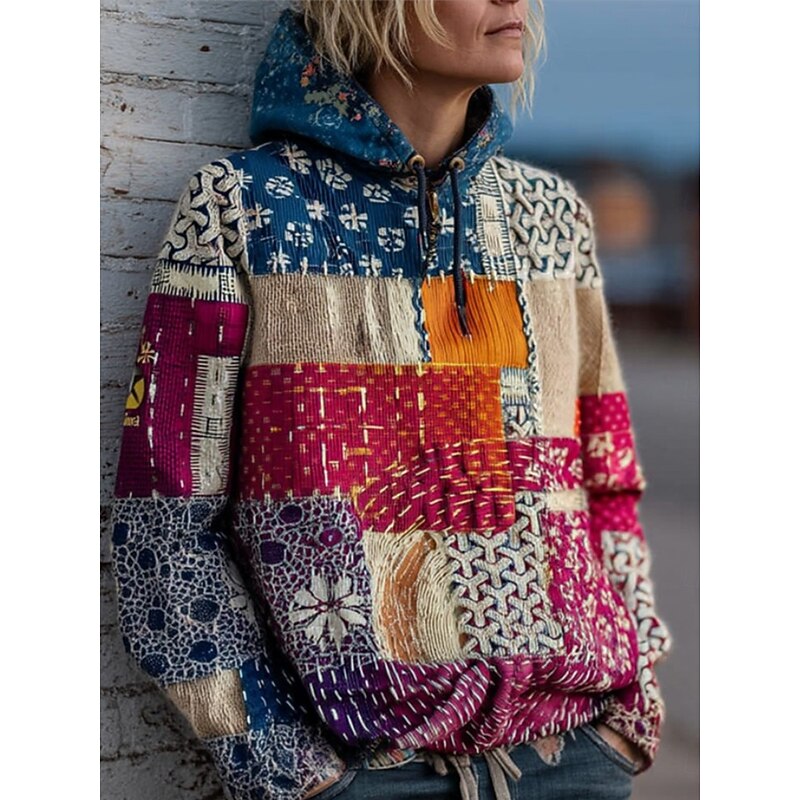 Women's Pullover Hoodies Geometric Plaid Vintage Fashion Streetwear Long Sleeve Hooded Regular Tops Dailywear Casual Drawstring Patchwork Print Denim Blue Spring Fall