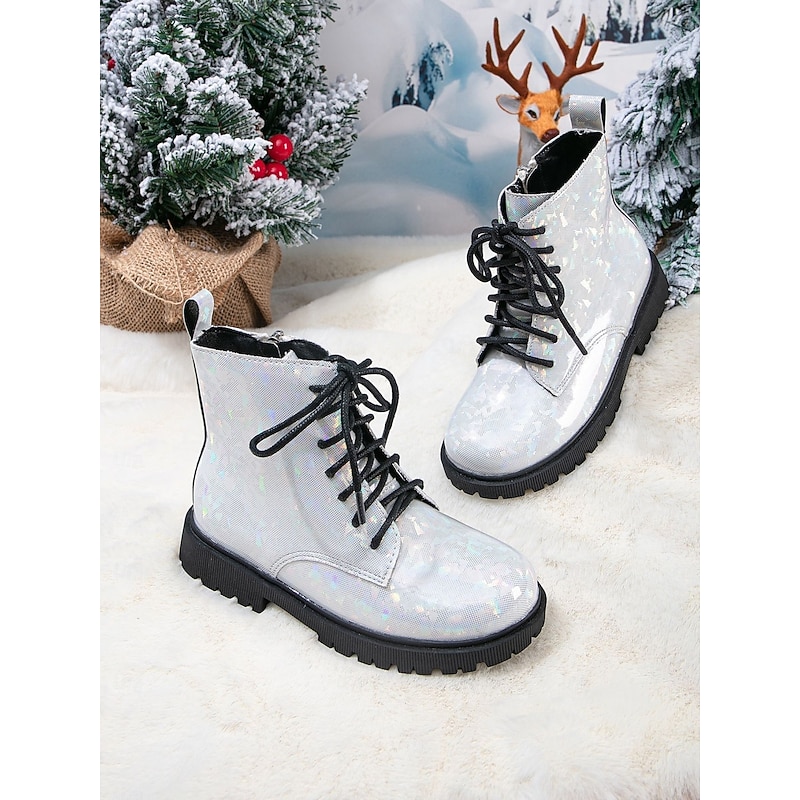 Korean Idol Inspired Pop Star Costume Shoes Girls' Silver Glitter Combat Boots with Lace-Up Design, Side Zipper, Non-Slip Sole Winter Fashion Footwear for Stage Performance and Casual Wear2