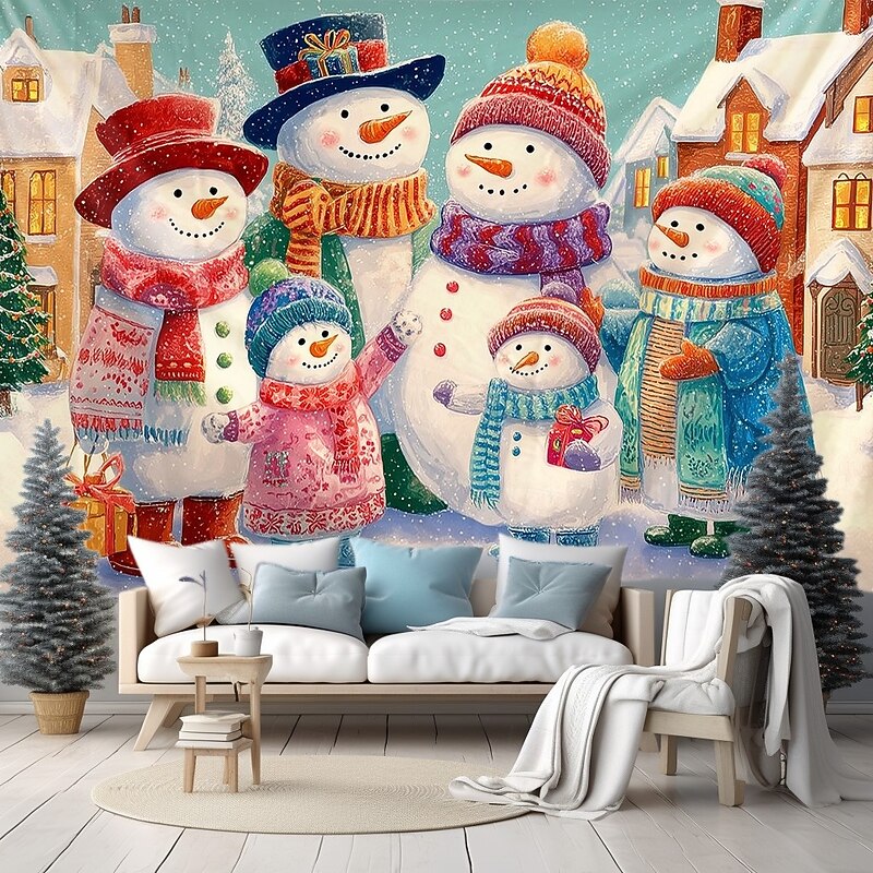 Christmas Wall Tapestry Backdrop, Colorful Family of Snowmen with Scarves and Hats, 2025 Xmas Winter Holiday Wall Hanging for Bedroom Living Room Decoration