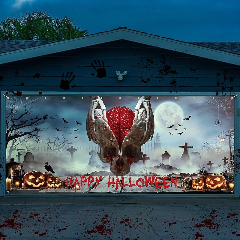 Halloween Tapestry Garage Door Cover Large Hanging Backdrop Bloodstains Dark Punk Gothic Style Party Outdoor Shooting Backgrounds Yard Haunted House Home Decor