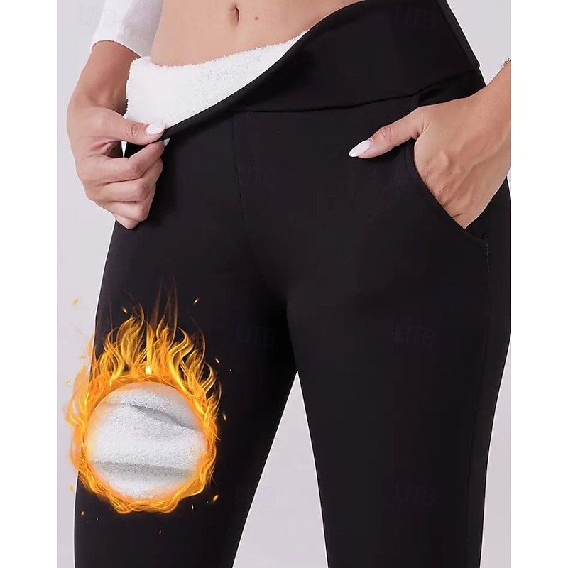 Women's Chinos Leggings Cozy Fleece Lined Vacation Vintage Streetwear Full Length Medium Waist Plain Pocket Elastic Waist Warm Comfortable Micro-elastic Stretchy Outdoor Vacation Daily claret