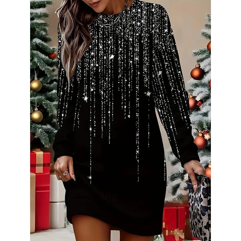 Women's Black Fall Winter Mini Dress Shift Dress Vacation Casual Outdoor Vacation Home Regular Fit Geometric Plaid Color Block Crew Neck2