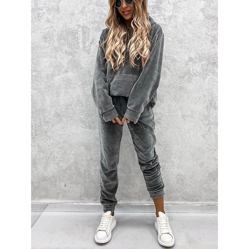 Women's Fashion Streetwear Hoodie Pants Sets Bolero Top Long Sleeve Hooded Solid Color Outdoor Casual Daily Black Wine Blue Fall Regular Fit3