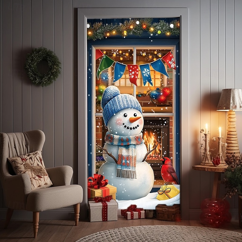 Christmas Door Cover Winter Holiday Curtain Decoration Festive Drapes Featuring Snowman And Santa Claus With Snowy Scene And Bookshelf Large Fabric Panel For Home Living Room Bedroom Entryway Decor2