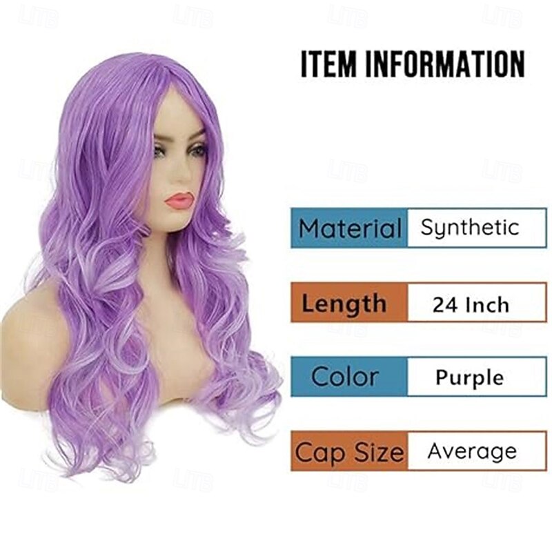 Long Curly Wavy Wine Red Pink Wigs with Purple Highlight Middle Part Colorful Wig Cosplay Costume Synthetic Replacement Wig for Women