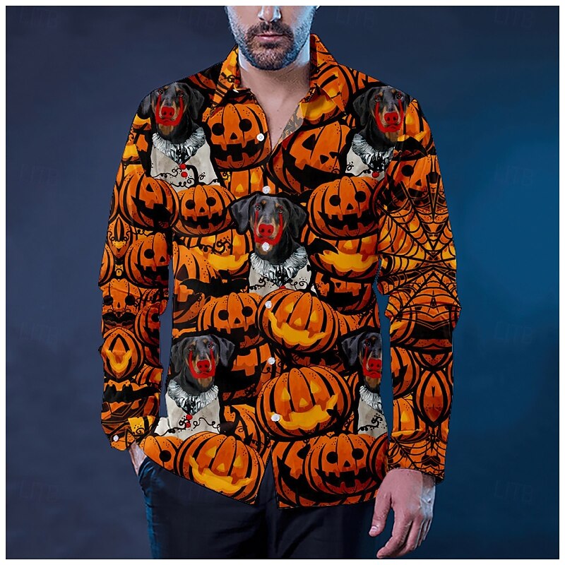 Halloween Men's Dog Lantern Face Shirt Beach Shirt Long Sleeve Vintage Horror Vacation Street Holiday Spring &  Fall Lapel Print Orange red Orange / Gray Orange yellow Black / Orange Orange4