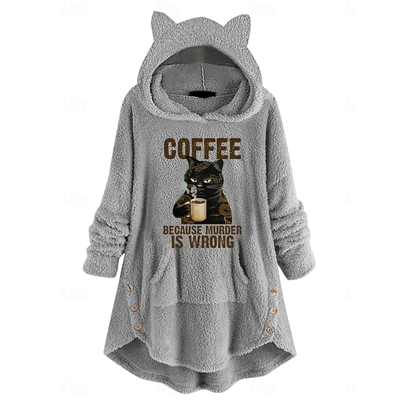 Women's Pullover Hoodie Sweatshirt Cat Letter Casual Long Sleeve Hooded Long Tops Street Dailywear Casual Pocket Print Pink Wine Gray Fall Winter2