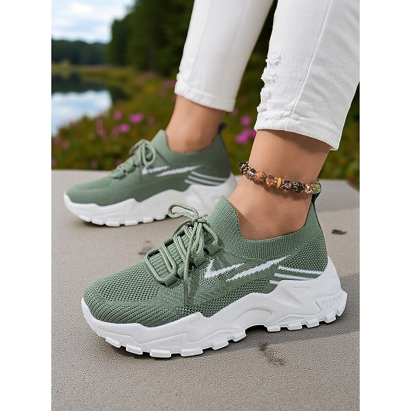 Women's Green Flyknit Lace Up Sneakers – Lightweight Breathable Running Shoes for Gym, Walking and Casual Wear2