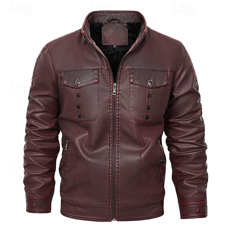 Men's Faux Leather Jacket Fleece Jacket Biker Jacket Motorcycle Jacket Vacation Daily Windproof Warm Pocket Winter Plain Fashion Classic Stand Collar Regular Wine Jacket2