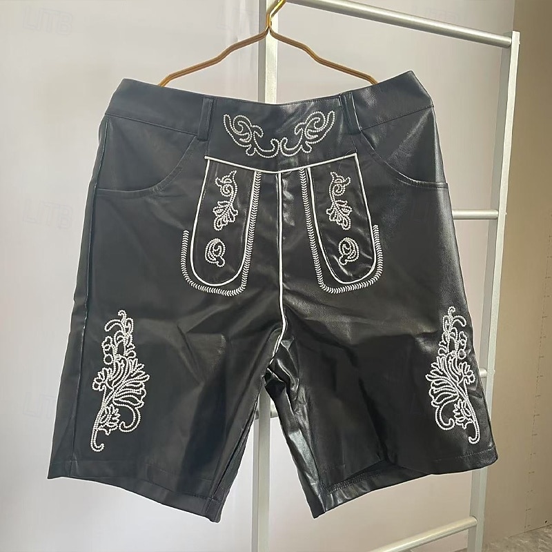 Men's Shorts Summer Shorts Work Shorts Faux Leather Shorts Pocket Buttons Floral Comfort Short Outdoor Vacation Casual Bavarian Black2