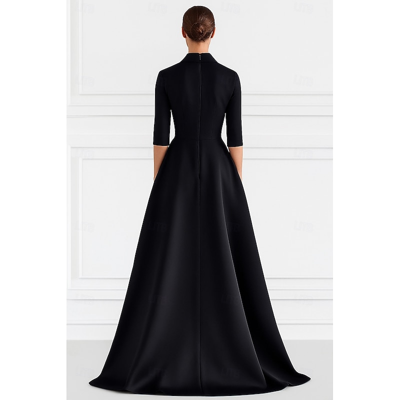 Black Tie A-Line Mother of the Bride Dress Wedding Elegant Shirt Collar Floor Length Satin Half Sleeve with Split Front2