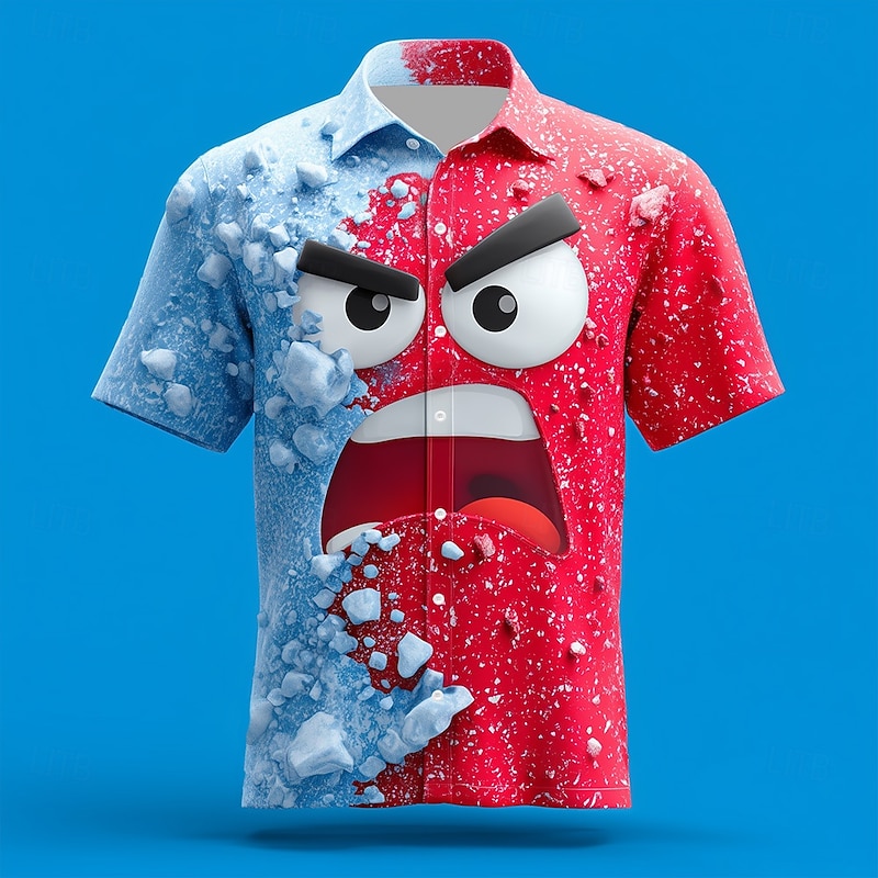 Christmas Men's Smile Face funny christmas Color-blocking Shirt Button Up Shirt Short Sleeve Funny Outdoor Holiday Summer Spring Turndown 3D Print Collared Shirts White Red Blue