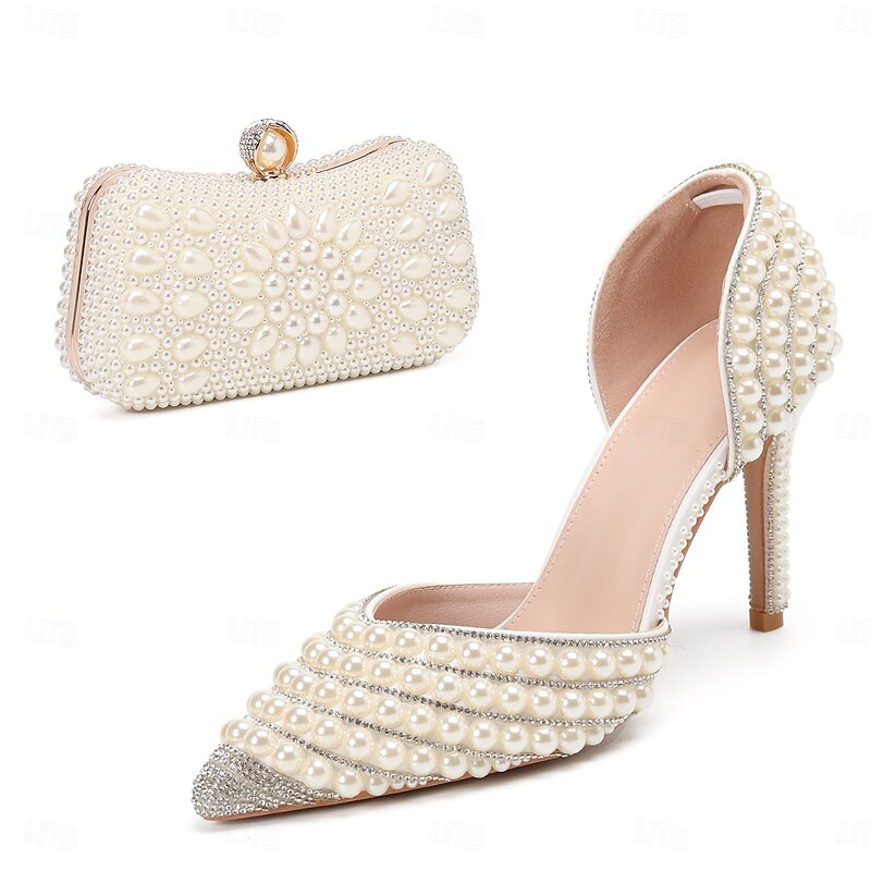 Women's Wedding Shoes White Shoes Comfort Shoes Wedding Party Contrast Color Wedding Heels Bridal Shoes Bridesmaid Shoes Rhinestone Imitation Pearl Stiletto Pointed Toe Fashion Cute Business PU Loafer2