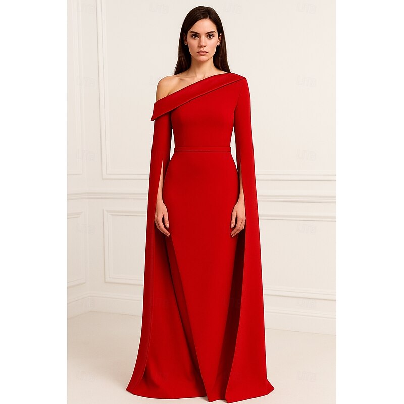 Red Black Sheath / Column Evening Gown Elegant Dress Formal Wedding Floor Length Long Sleeve One Shoulder Mother Of the Bride Dress Stretch Crepe with Pleats 2025