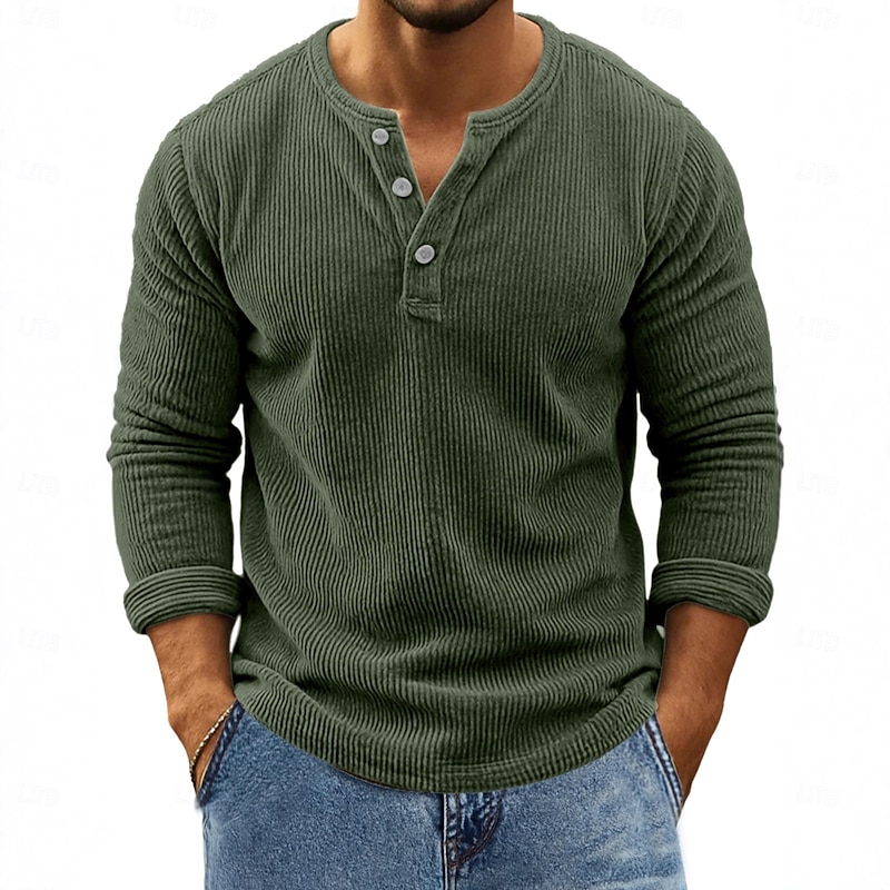 Men's Corduroy Shirt Henley Shirt Tee Long Sleeve Solid Color Plain Textured Fashion Designer Casual Buttons Henley Outdoor Casual Daily Fall Winter All Seasons Green khaki Dark Gray Henley T-Shirt