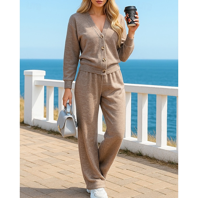 Women's Knitted Cardigan Lounge Suits Solid Colored Clothing Suit Fall Black Blue Vocation Outdoor Travel Lightweight Fashion Long Sleeve Sport Activewear Micro-elastic Regular Fit