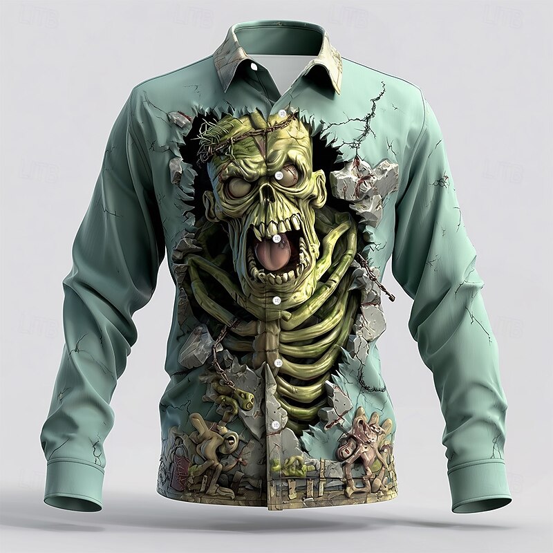 Halloween Men's Zombies Skeleton Cracked Wall Shirt Button Up Shirt Long Sleeve Dark Gothic Style Holiday Streetwear Spring Fall Turndown 3D Print Collared Shirts Green 1# Green Light Green
