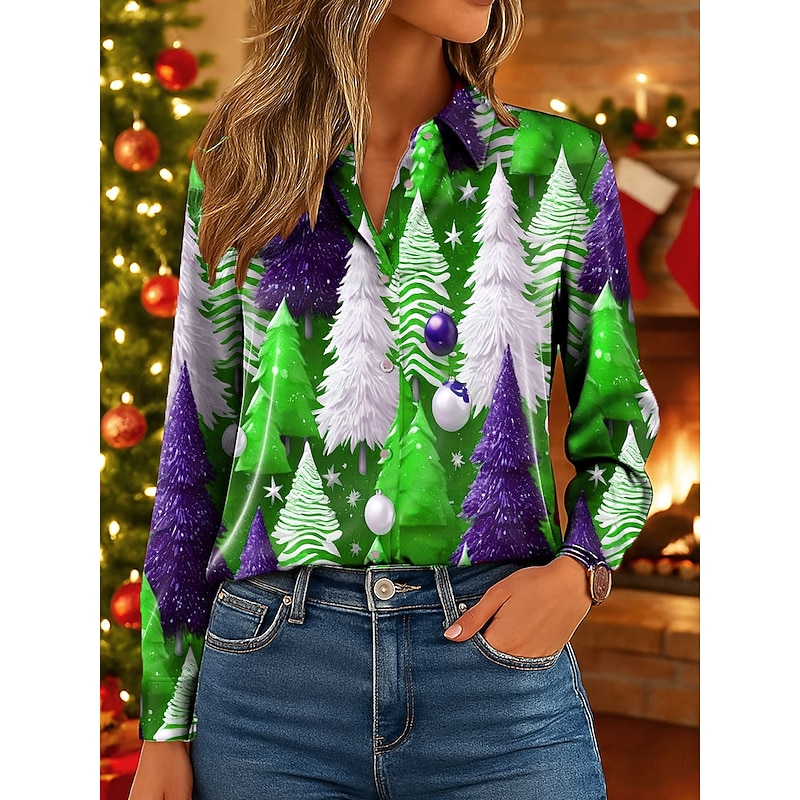 Christmas Women's Work Shirt Graphic Christmas Tree Elegant Vintage Tropical Long Sleeve Shirt Collar Regular Tops Work Party Evening Wear Daily Red Blue Purple Green Fall Winter Spring, Fall4