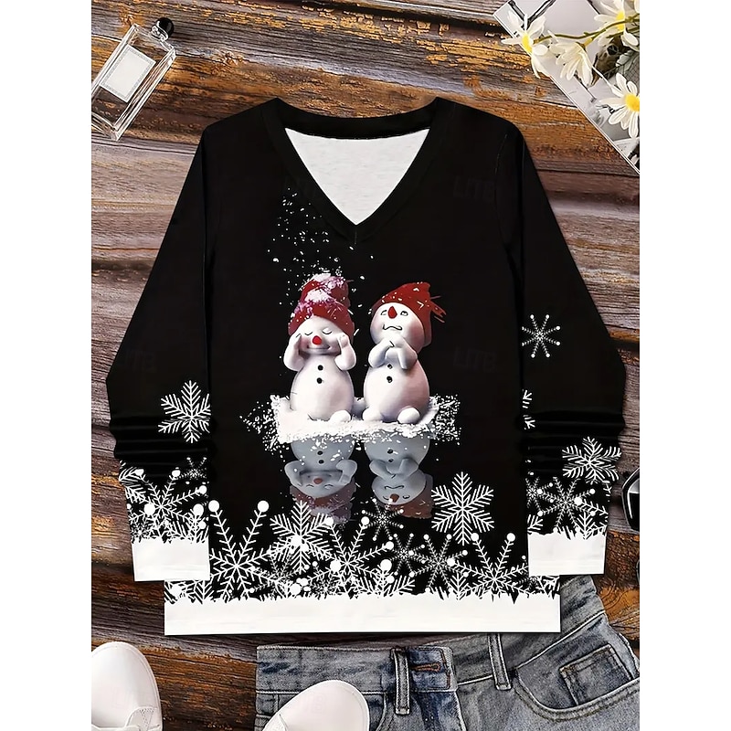 Christmas Women's T Shirt Graphic Snowman Snowflake Vintage Stylish Classic Long Sleeve V Neck Regular Tops Daily Print Black Spring Fall Winter2