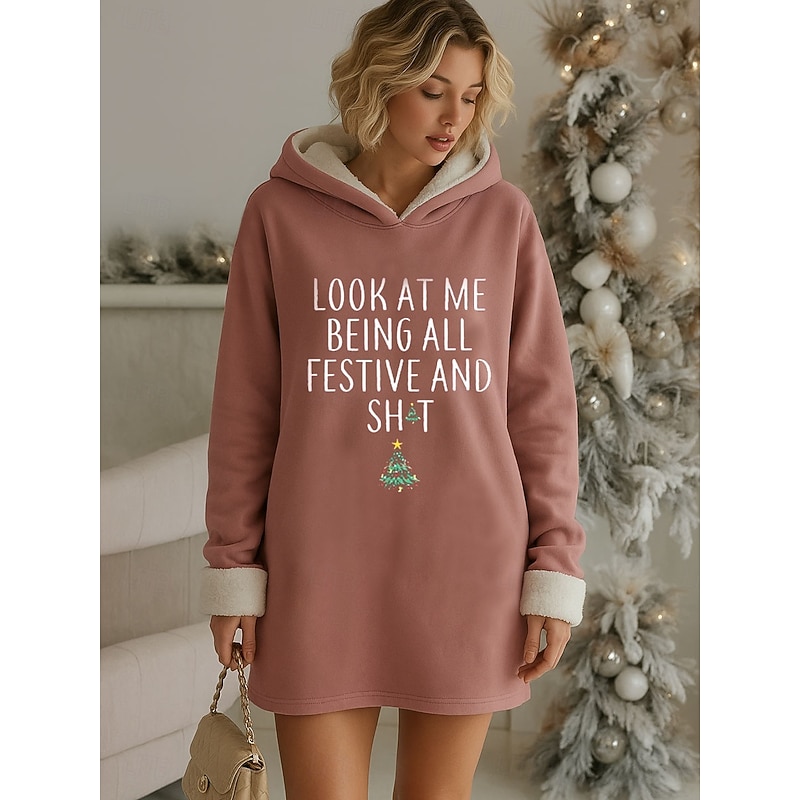 Christmas Women's Mini Dress Sweater Dress Shift Dress Casual Home New Year Loose Fit Graphic Letter Long Sleeve Hooded Pink Fall Winter