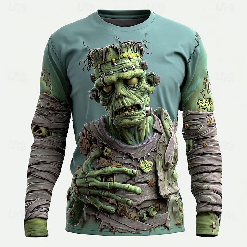 Halloween Men's Zombies 3D T Shirt Long Sleeve T shirt 3D Print Crew Neck Shirt Fashion Exaggerated Street Casual Daily Green 2# Blue Green Summer Spring Fall Clothing Apparel S M L XL XXL XXXL