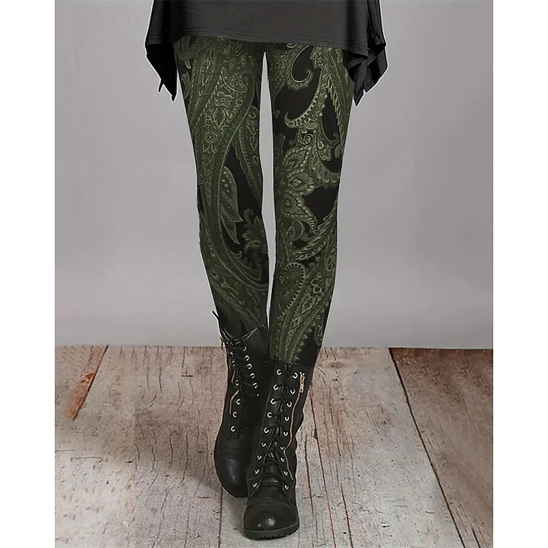 Women's Chinos Leggings Cozy Leggings Vacation Vintage Ethnic Style Full Length High Waist Floral Graphic Printing Thermal Warm Comfortable Stretchy Formal Vacation Street Green Fall Winter Slim Fit