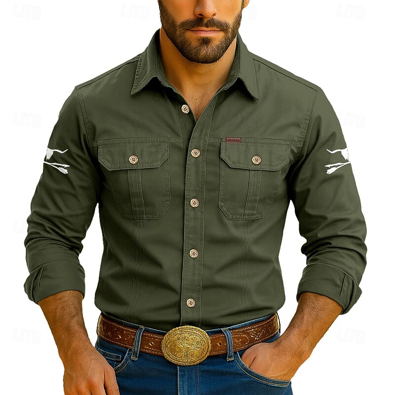 Men's Work Shirt Western Shirt Cargo Shirt Black Army Green Dark Blue Long Sleeve Cow Print Turndown Sports Outdoor Casual Clothing Apparel Casual Tactical2