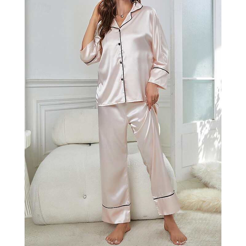Women's Loungewear Pajama Set Casual Pure Color Elastic Waist Buttons Shirt Pant Vacation Home Bed Long Sleeve Lapel Black White Wine Navy Blue Beige Fall Winter Regular Fit4